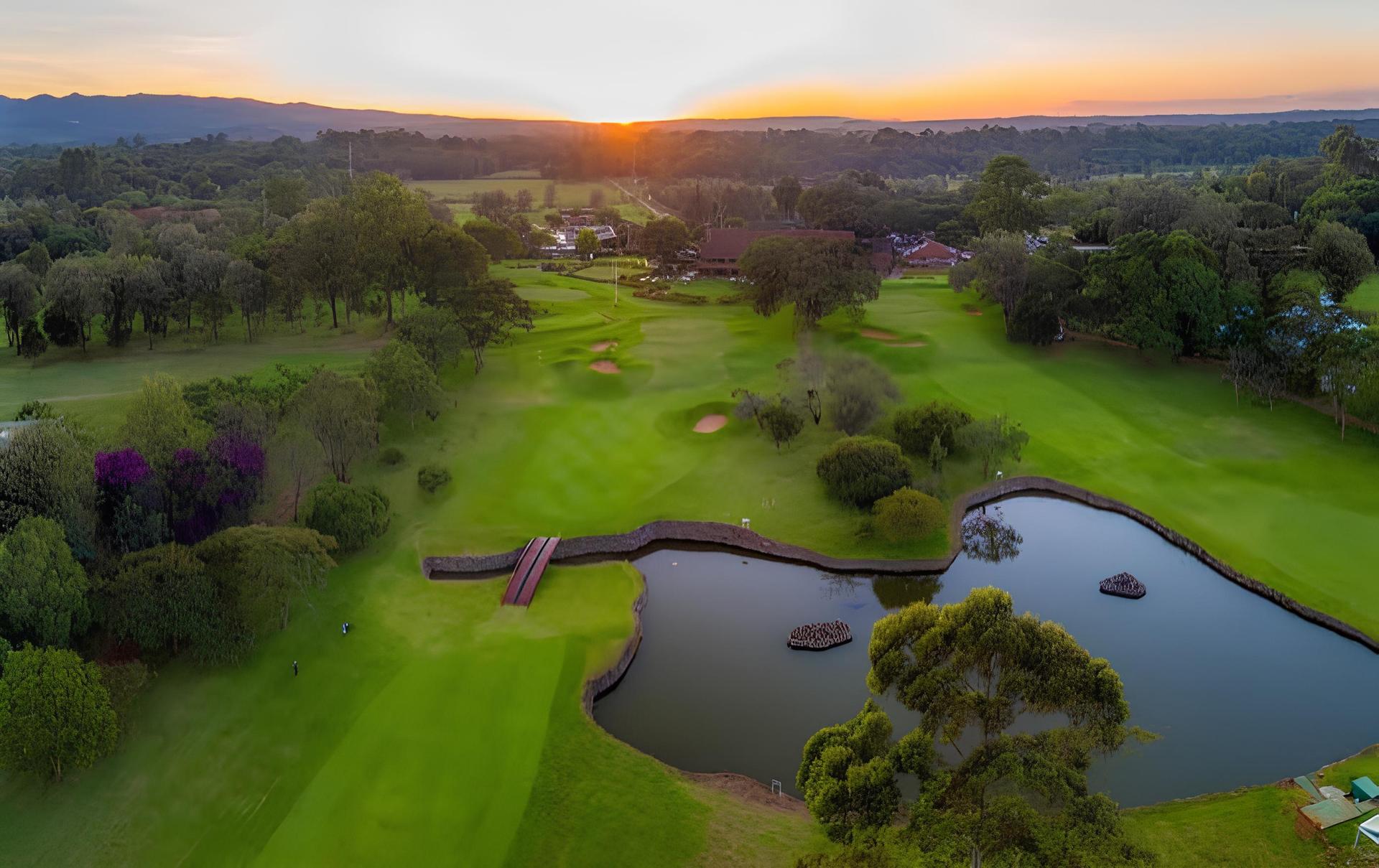 Trees and water surrounding a golf course at sunrise